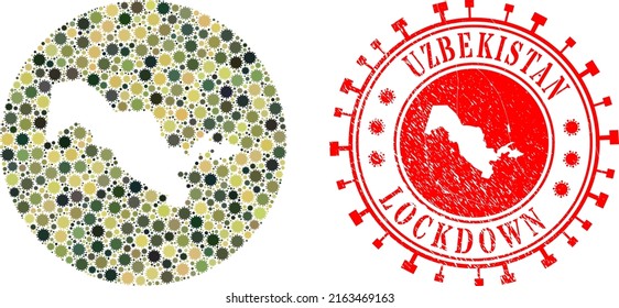 Vektor-Mosaik Usbekistan Karte der Sars-Virus-Elemente und Grunge LOCKDOWN-Siegel. Mosaik geographische Usbekistan-Karte erstellt als Subtraktion von runden Formen mit Viruselementen in Camo-Armeefarbtönen.