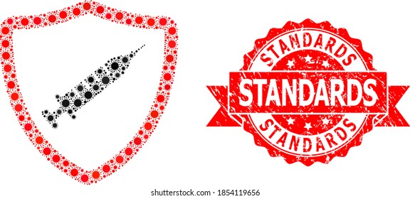 Vector mosaic vaccine shield of corona virus, and Standards dirty ribbon stamp. Virus cells inside vaccine shield mosaic. Red stamp has Standards text inside ribbon.