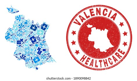 Vector mosaic Valencia Province map with syringe icons, analysis symbols, and grunge health care seal stamp. Red round stamp with grunge rubber texture and Valencia Province map tag and map.