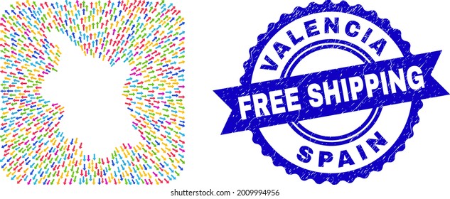 Vector mosaic Valencia Province map of abandon arrows and grunge Free Shipping badge. Collage Valencia Province map constructed as carved shape from rounded square with abandon arrows.