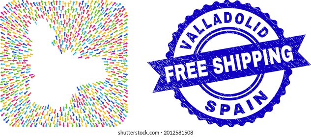 Vector mosaic Valladolid Province map of direction arrows and rubber Free Shipping seal. Mosaic Valladolid Province map constructed as carved shape from rounded square using evacuation arrows.