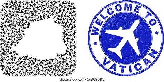Vector mosaic Vatican map of airlines elements and grunge Welcome seal stamp. Mosaic geographic Vatican map designed as subtraction from rounded square using air transport.