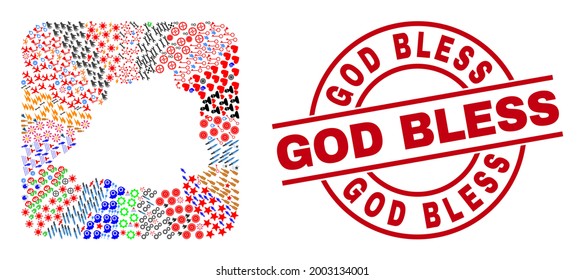 Vector mosaic Vatican map of different symbols and God Bless seal. Mosaic Vatican map constructed as carved shape from rounded square shape. Red round watermark with God Bless tag.