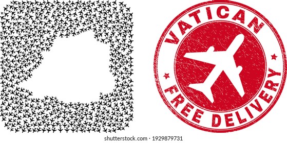 Vector mosaic Vatican map of jet vehicle elements and grunge Free Delivery seal. Mosaic geographic Vatican map designed as carved shape from rounded square shape using shipping air force symbols.