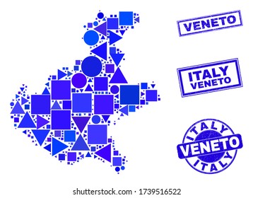 Vector mosaic Veneto region map. Geographic collage in blue color tinges, and dirty round and rectangle stamp seals. Abstract collage of Veneto region map constructed of round, triangles,