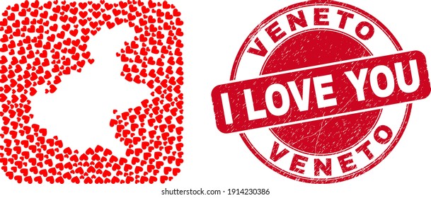 Vector mosaic Veneto region map of love heart elements and grunge love seal. Mosaic geographic Veneto region map created as stencil from rounded square with love hearts.