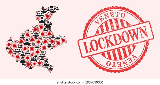Vector mosaic Veneto region map of SARS virus, masked people and red grunge lockdown seal. Virus cells and people in masks inside Veneto region map.