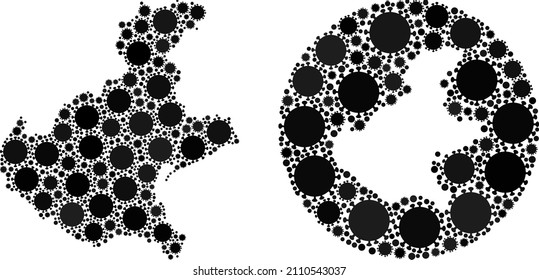 Vector mosaic Veneto region map of virus outbreak items. Mosaic geographic Veneto region map constructed as carved shape from circle with covid virus elements in black colors.