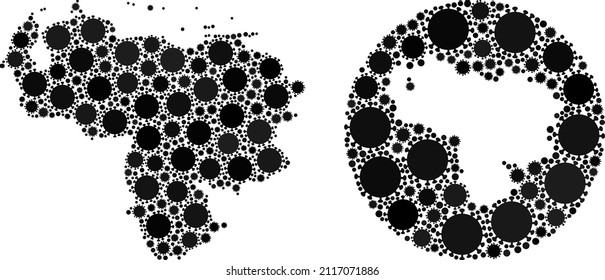 Vektor-Mosaik Venezuela Karte von Grippevirus-Artikeln. Mosaik geographische Venezuela Karte als geschnitzte Form aus runden Formen mit viralen Gegenständen in schwarzen Farbtönen. Illustration für Sicherheitspopster.