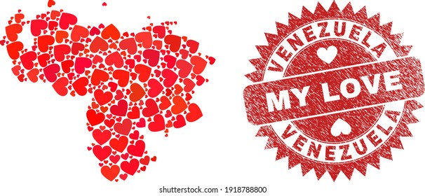 Vektor Mosaik Venezuela Karte der Liebe Herzen Artikel und Grunge Meine Liebe Briefmarke. Mosaik geographische Venezuela Karte entworfen mit Liebe Herzen. Rosette-Rosette-Stempel mit Gummi-Ängstlichkeit und meiner Liebeskopie.