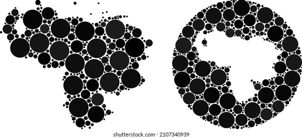 Mapa vectorial de puntos de esfera en Venezuela. El mapa geográfico mosaico de Venezuela se construye como un lápiz de forma redonda con puntos de esfera en colores negros. Mapa de Venezuela con mosaico vectorial con puntos.