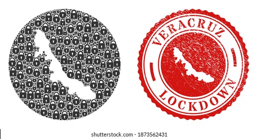 Vector mosaic Veracruz State map of locks and grunge LOCKDOWN seal stamp. Mosaic geographic Veracruz State map constructed as carved shape from round shape with black locks.