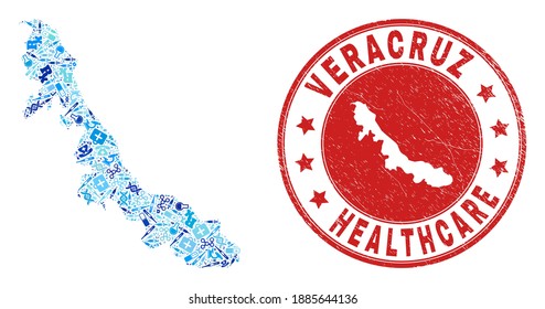 Vector mosaic Veracruz State map with vaccination icons, medicine symbols, and grunge doctor imprint. Red round imprint with scratched rubber texture and Veracruz State map tag and map.