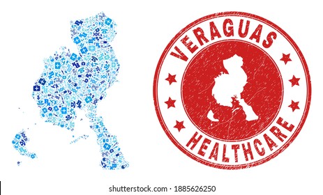 Mapa de la provincia de Veraguas con mosaicos vectoriales de íconos de tratamiento, símbolos hospitalarios y estampado de un médico grunge. Sello rojo redondo con textura de goma gruesa y mapa de la provincia de Veraguas.
