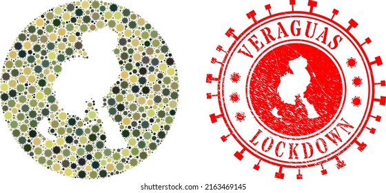 Mapa de la provincia de Veraguas con mosaico vectorial de los ítems del virus de las armas y estampado LOCKDOWN granulado.