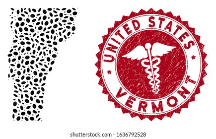 Vector mosaic Vermont State map and red rounded grunge stamp seal with doctor sign. Vermont State map collage constructed with oval items. Red rounded medical seal stamp, with scratched texture.