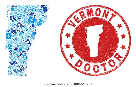 Vector mosaic Vermont State map with vaccine icons, test symbols, and grunge health care seal. Red round stamp with grunge rubber texture and Vermont State map tag and map.