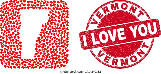 Vector mosaic Vermont State map of valentine heart items and grunge love badge. Mosaic geographic Vermont State map constructed as subtraction from rounded square shape with love hearts.