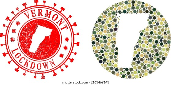 Vector mosaic Vermont State map of virus outbreak items and grunge LOCKDOWN stamp.