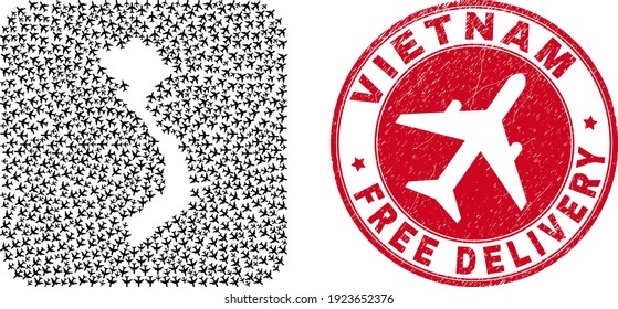 Vector mosaic Vietnam map of airliner elements and grunge Free Delivery badge. Mosaic geographic Vietnam map constructed as hole from rounded square shape with flying out jet vehicles.