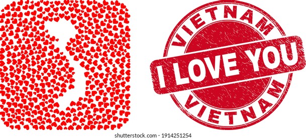 Vector mosaic Vietnam map of valentine heart elements and grunge love seal. Mosaic geographic Vietnam map constructed as hole from rounded square with lovely hearts.