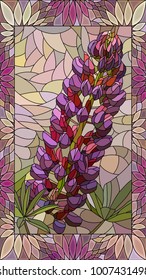 Vector mosaic with violet lupine in vertical stained-glass window frame.