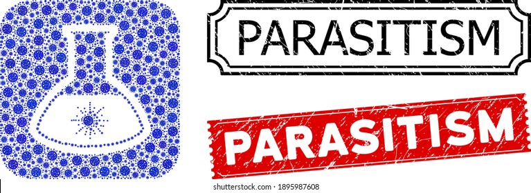 Vector mosaic virus analysis retort and grunge Parasitism seals. Mosaic virus analysis retort designed as carved shape from rounded square with blue cell items.