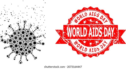 Vector mosaic virus dissipation of flu virus, and World AIDS Day corroded ribbon stamp. Virus particles inside virus dissipation mosaic. Red stamp includes World AIDS Day title inside ribbon.