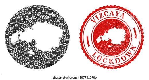 Vector mosaic Vizcaya Province map of locks and grunge LOCKDOWN seal stamp. Mosaic geographic Vizcaya Province map designed as subtraction from round shape with black locks.