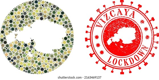 Vector mosaic Vizcaya Province map of SARS virus elements and grunge LOCKDOWN stamp.