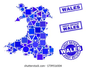Vector mosaic Wales map. Geographic scheme in blue color tones, and textured round and rectangle seal stamps. Abstract collage of Wales map done of round, triangles, square geometric elements.
