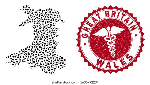 Vector mosaic Wales map and red round rubber stamp watermark with medical symbol. Wales map collage composed with oval elements. Red rounded medicine watermark, with dirty texture.