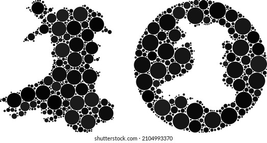 Vector mosaic Wales map of round items. Mosaic geographic Wales map designed as carved shape from circle with round items in black colors. Dot vector mosaic Wales map.