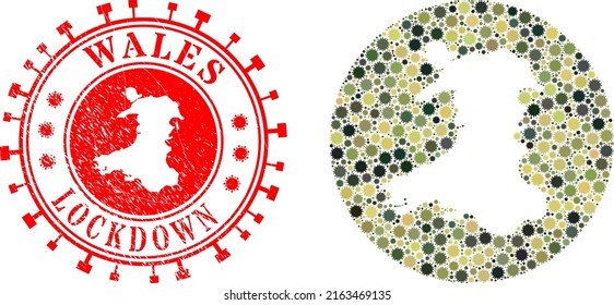 Vector mosaic Wales map of virus outbreak icons and grunge LOCKDOWN stamp. Mosaic geographic Wales map designed as subtraction from circle with covid virus items in khaki army colors.