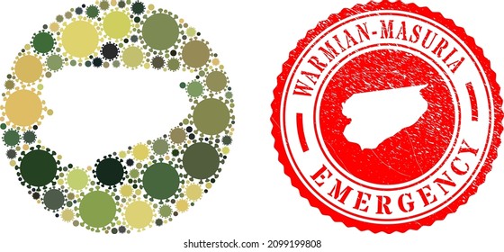 Vector mosaic Warmian-Masurian Voivodeship map of flu virus elements and grunge EMERGENCY seal stamp.