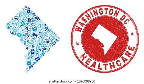Vector mosaic Washington District Columbia map with treatment icons, laboratory symbols, and grunge health care rubber imitation.