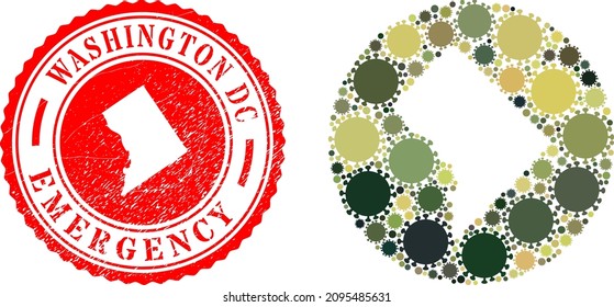 Vector mosaic Washington District Columbia map of sars virus items and grunge EMERGENCY stamp.