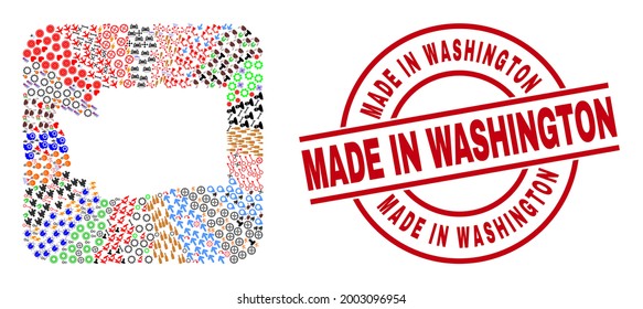 Vector mosaic Washington State map of different icons and Made in Washington seal stamp. Mosaic Washington State map designed as hole from rounded square shape.