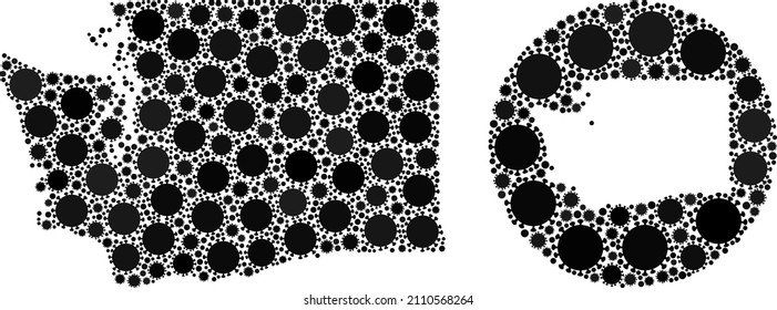 Vector mosaic Washington State map of covid virus icons. Mosaic geographic Washington State map created as stencil from circle with flu virus icons in black colors. Illustration for medical purposes.