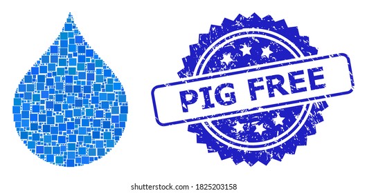 Vector mosaic water drop, and Pig Free textured rosette stamp seal. Blue stamp seal has Pig Free text inside rosette. Square spots are combined into abstract collage water drop icon.