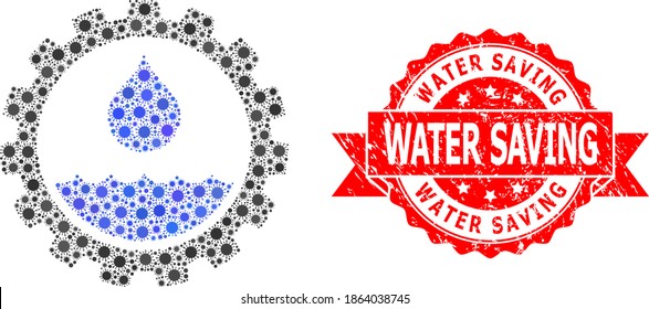 Vector mosaic water service of flu virus, and Water Saving scratched ribbon seal. Virus elements inside water service mosaic. Red stamp seal has Water Saving tag inside ribbon.