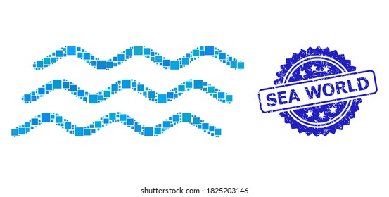 Olas de agua de mosaico vectorial y sello de rosette de goma de Sea World. El sello azul incluye el título de Sea World dentro de la roseta. Los elementos cuadrados se componen en un icono abstracto de ondas de agua de mosaico.