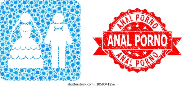 Vector mosaic wedding couple of corona virus, and Anal Porno textured ribbon stamp seal. Virus elements inside wedding couple mosaic. Red stamp seal contains Anal Porno title inside ribbon.