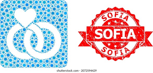 Vector mosaic wedding rings of virus, and Sofia grunge ribbon stamp. Virus cells inside wedding rings mosaic. Red stamp seal has Sofia tag inside ribbon.
