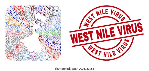 Vector mosaic West Bengal State map of different icons and West Nile Virus seal. Mosaic West Bengal State map created as stencil from rounded square. Red round badge with West Nile Virus word.