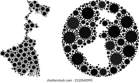 Vektor mosaic West Bengal State Karte der Elemente des Virusausbruchs. Mosaik Geografische Westbengalen Staatskarte, die als Schablone aus dem Kreis mit SARS-Viruselementen in schwarzen Farben konstruiert wurde.