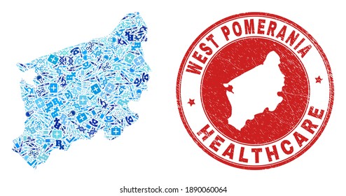Vector mosaic West Pomeranian Voivodeship map with injection icons, receipt symbols, and grunge doctor seal stamp.