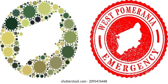 Vector mosaic West Pomeranian Voivodeship map of covid virus elements and grunge EMERGENCY seal stamp.