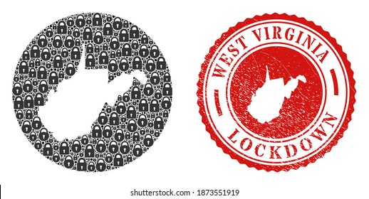 Vector mosaic West Virginia State map of locks and grunge LOCKDOWN seal stamp. Mosaic geographic West Virginia State map constructed as stencil from round shape with black locks.