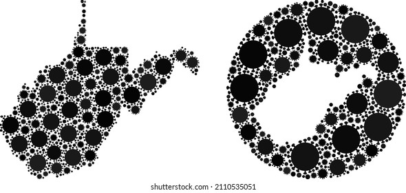 Mapa del estado de Virginia Occidental del mosaico vectorial de los elementos del virus SARS. Mapa geográfico mosaico del estado de Virginia Occidental construido como un esténcil de forma redonda con elementos del virus sars en colores negros.